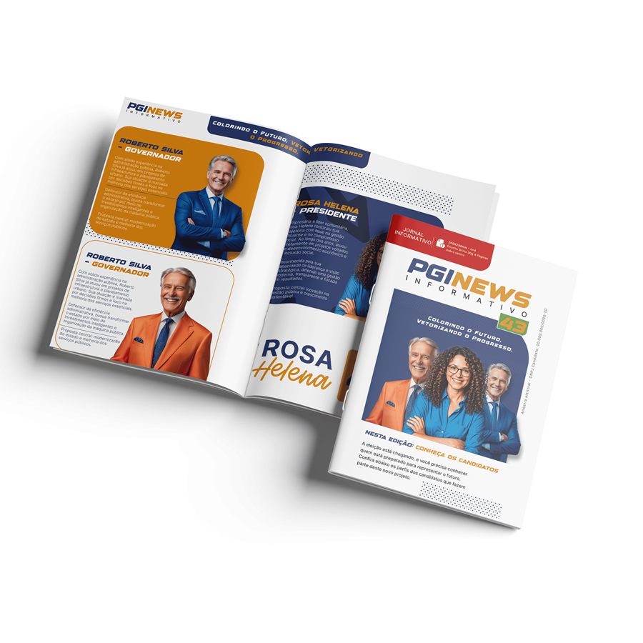 Revista de campanha grampeada em formato A4 com oito páginas